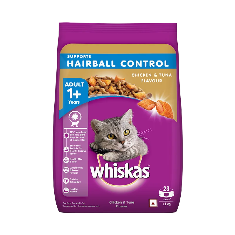 Whiskas Hairball Control Adult Dry Food, Chicken & Tuna - 1.1kg