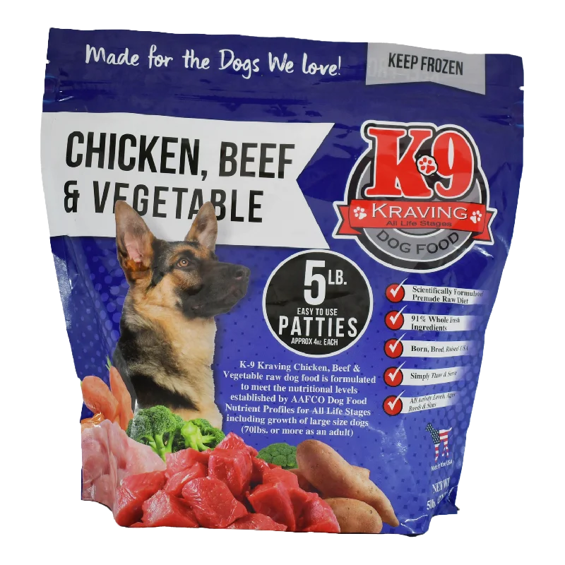 K-9 Kraving Chicken, Beef & Vegetable Raw Dog Food, 5lb Patties - 6ct/30lb Case