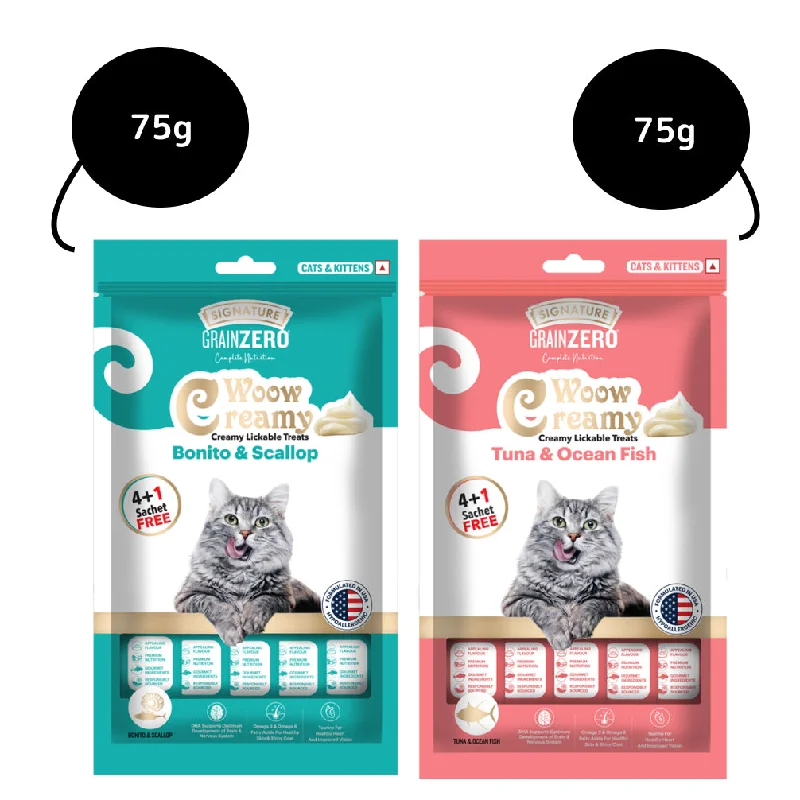 Signature Grain Zero Bonito and Scallop & Tuna and Ocean Fish Lickable Creamy Cat Treats Combo