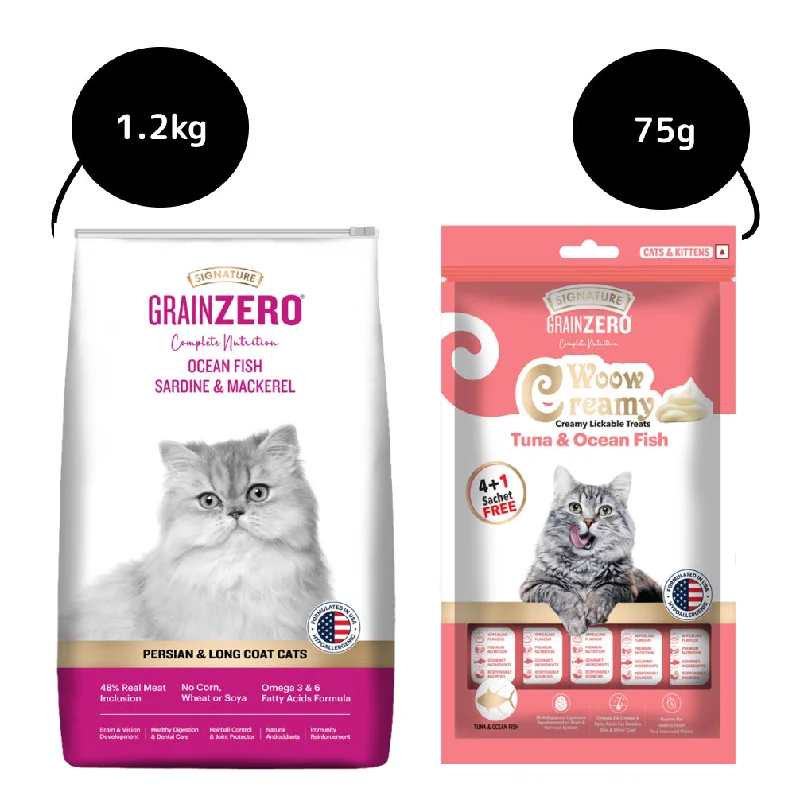 Signature Grain Zero Ocean Fish, Sardine and Mackerel Long Coat & Persian Cat Dry Food and  Grain Zero Tuna and Ocean Fish Lickable Creamy Cat Treats