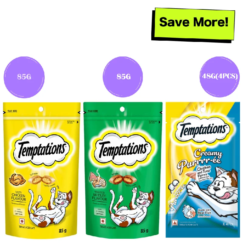 Temptations Seafood Medley Flavour, Tasty Chicken Flavour and Creamy Purrrr ee Chicken & Tuna Cat Treats Combo