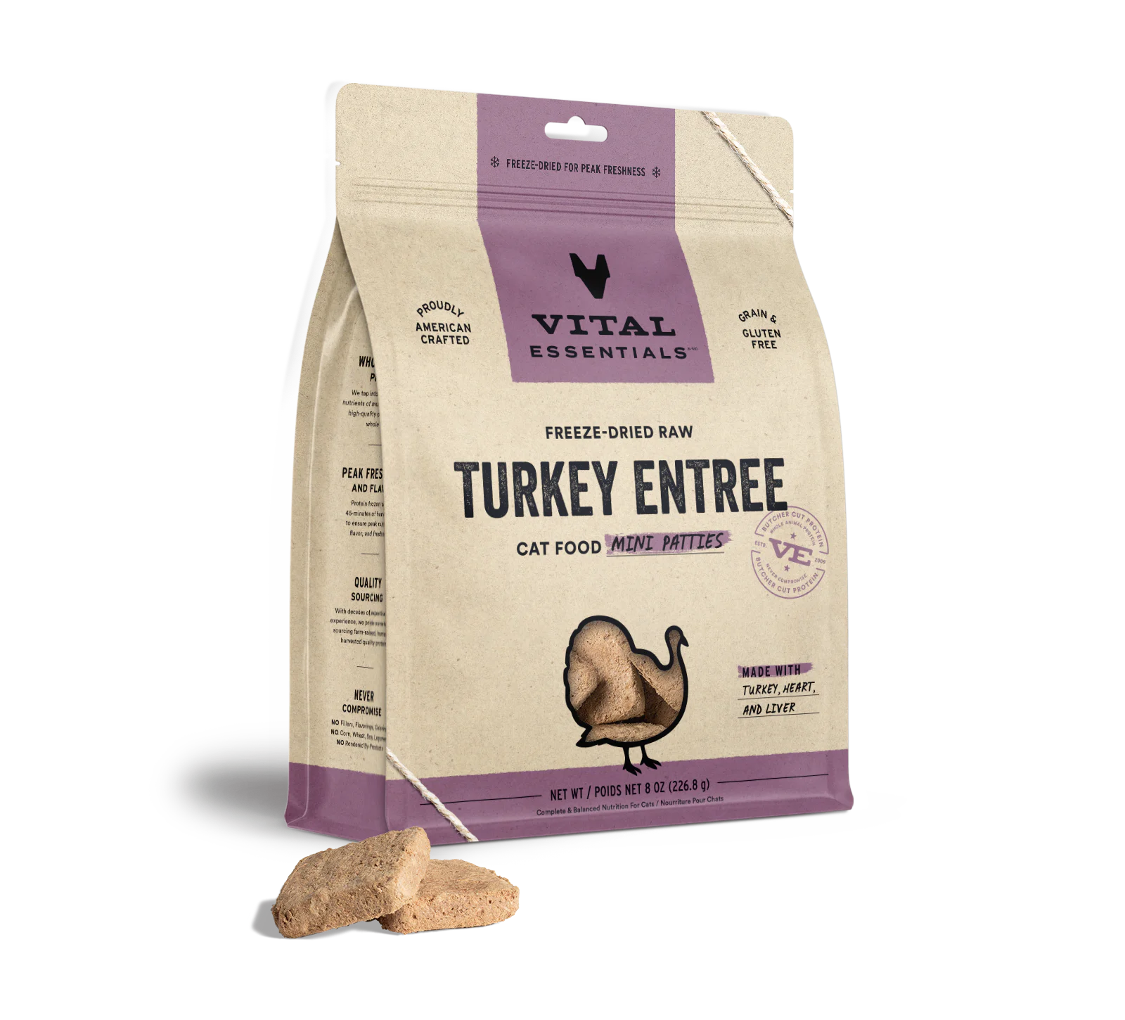 Vital Essentials Vital Cat Freeze Dried Raw Turkey Entree Mini Patties for Cats - 8-oz